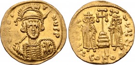 Constantine IV AV Solidus. Constantinople, AD 674-681. [..]OIƮNЧS P, helmeted and cuirassed bust facing slightly to right, holding spear and shield de...
