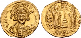 Constantine IV AV Solidus. Constantinople, AD 674-681. ∂ N CO-ƮANЧS (sic), helmeted and cuirassed bust facing slightly to right, holding spear and shi...