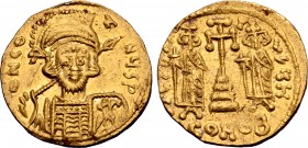 Constantine IV AV Solidus. Constantinople, AD 674-681. ∂ N COƮNЧS P, helmeted and cuirassed bust facing slightly to right, holding spear and shield de...