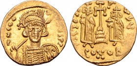 Constantine IV AV Solidus. Constantinople, AD 674-681. ∂ N CONƮ[..]ЧS P P, helmeted and cuirassed bust facing slightly to right, holding spear and shi...