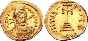 Constantine IV AV Solidus. Constantinople, AD 681-685. P CONSƮANЧƧ P P A, helmeted and cuirassed bust facing slightly to right, holding spear and shie...