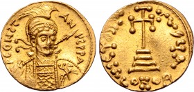 Constantine IV AV Solidus. Constantinople, AD 681-685. P CONƧƮANЧƧ P P A, helmeted and cuirassed bust facing slightly to right, holding spear and shie...