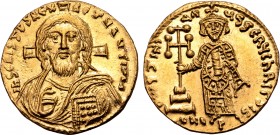 Justinian II AV Solidus. First reign. Constantinople, AD 692-695. IҺS CRISƮOS RЄX RЄϚNANƮIЧM, facing bust of Christ Pantokrator / D IЧSƮINIANЧS SЄRЧ C...