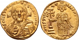 Justinian II AV Solidus. First reign. Constantinople, AD 692-695. IҺS CRISƮOS RЄX RЄϚNANƮIЧM, facing bust of Christ Pantokrator / D IЧSƮINIANЧS SЄRЧ [...