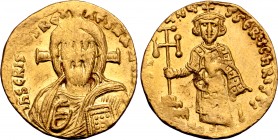 Justinian II AV Solidus. First reign. Constantinople, AD 692-695. IҺS CRISƮOS RЄX RЄςNANƮIЧM, facing bust of Christ Pantokrator / D IЧSƮINIANЧS SЄRЧ C...