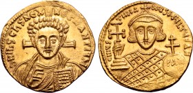 Justinian II AV Solidus. Second reign. Constantinople, circa AD 705. ∂ N IҺS CҺS RЄX RЄGNANTIЧM, facing bust of Christ Pantokrator / ∂ N IVSTINIANVS M...