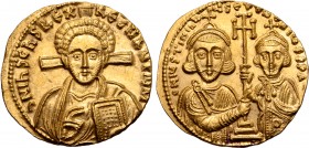 Justinian II AV Solidus. Second reign. Constantinople, AD 705-711. ∂ N IҺS CҺS RЄX RЄGNANTIЧM, facing bust of Christ Pantokrator / δ N IЧSTINIANЧS ЄT ...