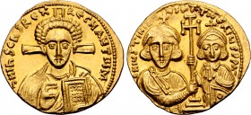 Justinian II AV Solidus. Second reign. Constantinople, AD 705-711. ᓀ N IhS ChS RЄX RЄGNANTIЧM, facing bust of Christ Pantokrator / D N IЧSTINIANЧS ЄT ...