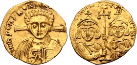 Justinian II AV Tremissis. Second reign. Constantinople, AD 705-711. ᓀ N IhS ChS RЄX RЄGNANTIЧM, facing bust of Christ Pantokrator / D N IЧSTINIANЧS Є...