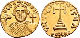 Leontius AV Solidus. Constantinople, AD 695-698. D LЄON PЄ AV, crowned bust facing, wearing loros, holding akakia and globus cruciger / VICTORIA AVςЧ ...