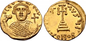 Leontius AV Solidus. Constantinople, AD 695-698. D LЄON PЄ AV, crowned bust facing, wearing loros, holding akakia and globus cruciger / VI[CTORI]A AVς...