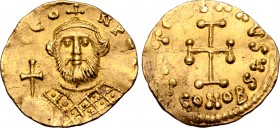 Leontius AV Tremissis. Constantinople, circa AD 695-698. [D] LЄON PЄ [AV], crowned bust facing, wearing loros, holding globus cruciger / [VIC]T[ORI]A ...