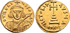 Tiberius III Apsimar AV Solidus. Constantinople, AD 698-705. D ƮIЬЄRIЧS PЄ AV, crowned and cuirassed bust facing, with short beard, holding spear and ...