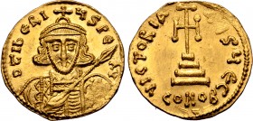 Tiberius III Apsimar AV Solidus. Constantinople, AD 698-705. D ƮIbЄRIЧS PЄ AV, crowned and cuirassed bust facing, with short beard, holding spear and ...