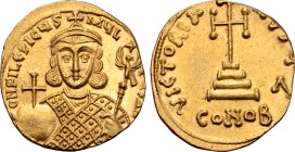 Philippicus (Bardanes) AV Solidus. Constantinople, AD 711-713. ∂ N FILЄPCЧS MЧLTЧS AN, bust facing, with short beard, wearing loros and crown with cro...