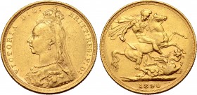 Australia, British Colonial. Victoria AV Sovereign. Sydney mint, 1890. Designs by Joseph Edgar Boehm and Benedetto Pistrucci. VICTORIA D: G: BRITT: RE...
