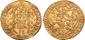 France, Kingdom. Charles V le Sage (the Wise) AV Franc à pied. Paris mint, struck from 20 April 1365. KAROLVS ∗ DI ∗ GR FRAИCORV ∗ RЄX, king standing ...