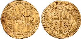 France, Kingdom. Charles V le Sage (the Wise) AV Franc à pied. Paris mint, struck from 20 April 1365. KAROLVS ⵘ DI ⵘ GR FRAИCORV ⵘ RЄX, king standing ...