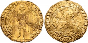 France, Kingdom. Charles V le Sage (the Wise) AV Franc à pied. Paris mint, struck from 20 April 1365. KAROL ˣ DI ˣ GRA FRAꞂCOR ˣ RЄS, king standing fa...