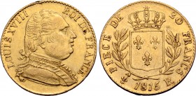 France, Kingdom. Louis XVIII AV 20 Francs. Royal Government in Exile. London mint, 1815 R. Designs by Pierre-Joseph Tiolier. LOUIS XVIII ROI DE FRANCE...