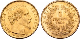 France, Second Empire. Napoleon III AV 5 Francs. Paris mint, 1854 A. Designs by Jean-Jacques Barre. NAPOLEON III EMPEREUR, bare head to right, mintmar...