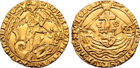 Great Britain, Plantagenet. Edward IV AV Angel. Tower (London) mint, struck 1480-1483. (cinquefoil) ЄDWΛRD' ˣ DЄI ˣ GRΛ' ˣ RЄX ˣ ΛꞂGL' ˣ Z (retrograde...