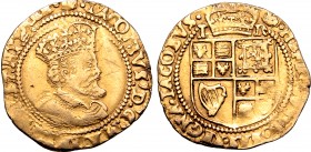 Great Britain, Stuart. James I AV Crown. Tower (London) mint, 1615-1616. (tun) • IACOBVS'. D'. G'. MA'. [BRI'. FRA'. ET • HI'. REX •], crowned bust to...