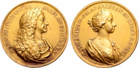 Great Britain, Stuart. Charles II, with Catherine of Braganza, Gilt AR Medal. Marriage commemorative made by J. Roettier, famously described as the 'G...