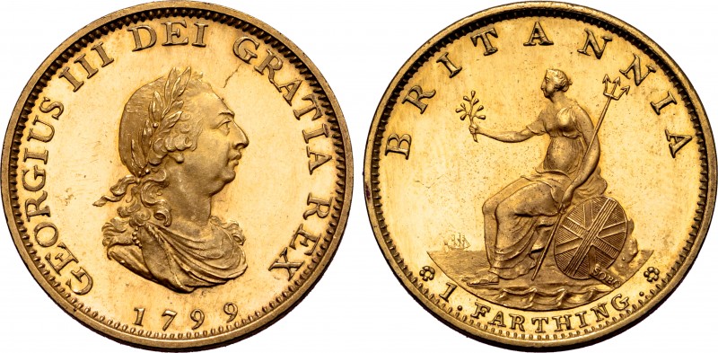 Great Britain, Hanover. George III Gilt CU Proof Farthing. Soho mint, Birmingham...