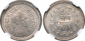 India, Baroda (Princely State). Sayaji Rao III AR 2 Annas. VS 1949 = 1892. Turbaned bust to right, devanagari legend around / Denomination in Marathi,...