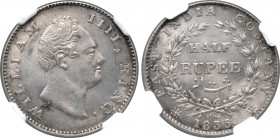 India, British Colonial. William IV AR 1/2 Rupee. East India Company issue. Calcutta mint, 1835 C. WILLIAM IIII, KING., head to right, F incuse on tru...