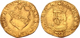 Italian States, Lucca (Republic) AV Scudo d’oro da Sole. In the name of Charles V, circa AD 1552. (sunburst) • CAROLVS • IMPERATO • R •, ornate shield...