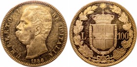 Italy, Kingdom. Umberto I AV 100 Lire. Rome mint, 1888. Engraved by Filippo Speranza. UMBERTO I RE D'ITALIA, bare head to left; SPERANZA on truncation...