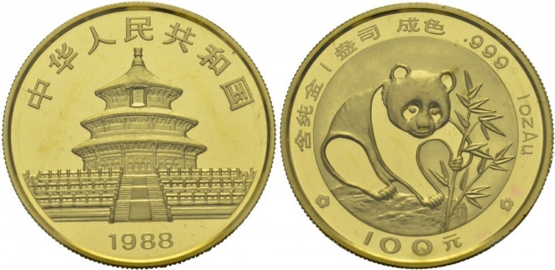 China, People's Republic . AV 100 Yuan 1988 (31.1 g).
KM 185. In original plasti...