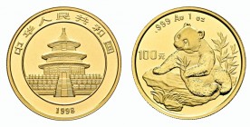 CHINA Volksrepublik seit 1949
(B) 100 Yuan 1998, Panda auf Felsen sitzend Fr:B4, KM:1130 in Original Plastik FDC
