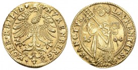 Nürnberg 1604 Goldgulden. Losungsgoldgulden. Adler links // St. Laurentius mit 6-feldigem Rost zwischen Jahreszahl. Kellner 415, Friedberg 1807, Slg. ...