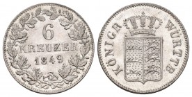Baden-Württemberg Württemberg, Königreich
Wilhelm I., 1816-1864 6 Kreuzer 1849, Stuttgart. A./K./S. 100 J. 68 Stempelglanz
