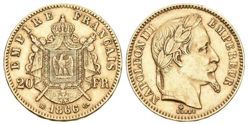 Frankreich Napoleon III. 1852-1870. 20 Francs 1866 BB, Straßburg. 6,45 g. 900/10...