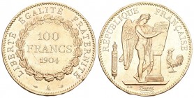 FRANKREICH Königreich
3. Republik, 1871-1945 100 Francs 1904. 32.25 g. Gadoury 1113. Schl. 415. Fr. 591. Seltene Erhaltung. Bis unzirkuliert