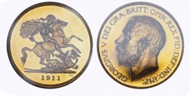 Großbritannien. George V. 1910-1937. 5 Pounds 1911. Kopf des Königs nach links / Pistrucci's St. Georg im Kampf mit dem Drachen. Spink 3994, Fr. 402, ...