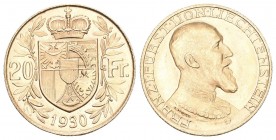 LIECHTENSTEIN. Franz I. 1929-1938. 20 Franken 1930. 6.45 g. Divo 124. HMZ 2-1383a. Fr. 15. FDC / Uncirculated.