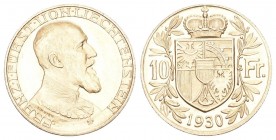 LIECHTENSTEIN. Franz I. 1929-1938. 10 Franken 1930. 3.24 g. Divo 125. HMZ 2-1384a. Fr. 16. FDC / Uncirculated.