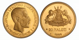LESOTHO Moshoeshoe II., 1966-1990. 20 Maloti 1966. 30.11 g. Fr. 4, K./M. Pn9. GOLD. Pattern. Of the highest rarity. Only 7 pieces minted. Proof. Uncir...