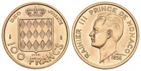 MONACO. Rainier III, 1949-2004. 100 Francs Probe 1956. Fr. 31, Gadoury MC143. 11,56 g.
Or. Rare. FDC