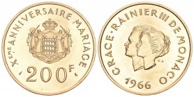 MONACO. Rainier III. 1949-2005. 200 Francs 1966, Paris. 10. Hochzeitstag des Fürstenpaares. 32.05 g. Gadoury MC167. Schl. 32. Fr. 32. FDC