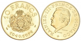 MONACO Rainier III. 1949-2005. Probe 10 Francs 1974. 25. Regierungsjubiläum von Rainier III. 19,56 g. Gad. 156. Schl. 38. Fast FDC aus Polierter Platt...