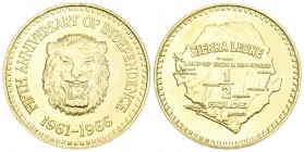 Sierra LeoneUnabhängig seit 1961.
1/2 Golde 1966, 5 Jahre Unabhängigkeit/Löwe. 27,273 g. 900/1000. KM 23, Fb. 2. Auflage 2500 Ex. Stempelglanz