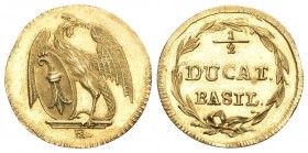 BASEL, STADT. 1/2 Dukat o.J. (um 1780). Stempel von Handmann. Basilisk mit dem ovalen Wappen auf einer Leiste stehend, darunt Mzz. H (Johann Jakob Han...