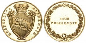 Bern. 8 Dukaten Verdienstmedaille in Gold o. J. (19./20. Jhdt.). Von zwei Füllhörnern flankiertes, gekröntes Berner Wappen. Rv. "DEM VERDIENSTE" in ei...