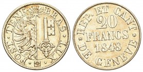 GENF/GENÈVE. Stadt und Kanton Genf. 20 Francs 1848. 7.62 g. D.T. 277. HMZ 2-361a. Fr. 263. vorzüglich